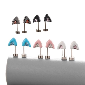 Cat ear screw stud earrings set in colorful titanium steel with zircon accents