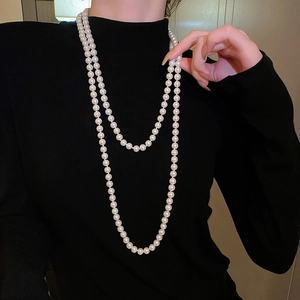 French Vintage Faux Artificial Pearl Long Beaded Necklace For Women Elegant Layered Sweater Chain Light Luxury Style Jewelry
