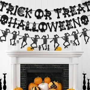 Trick or Treat Halloween glitter banner with skeletons hanging above a cozy white fireplace