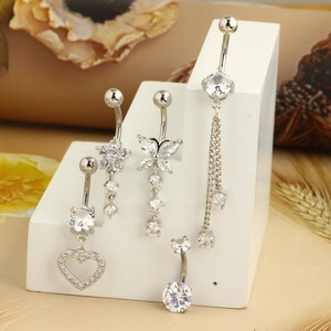 5-piece silver belly button ring set with zircon heart, flower, butterfly and tassels