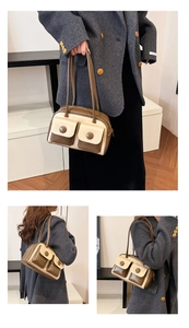 Detail of retro multi-pocket shoulder bag in brown and cream patchwork faux leather