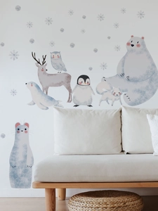 Nursery wall stickers with polar bear and penguin in soft watercolor blue style