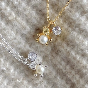 S925 silver bear necklace with pearl and zircon charms in gold and silver finishes