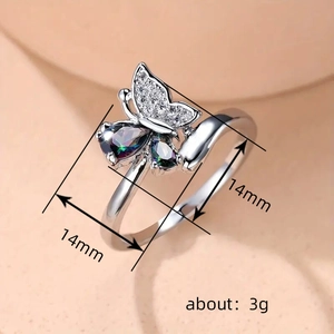 Squisito anello a farfalla con zirconi bianchi e gemme colorate a forma di pera su fascia