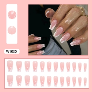 White V-tip French design on pink nude ballet style medium press-on nails set