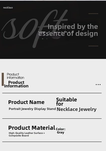 Gray leather necklace display stand with product specifications and material dimensions