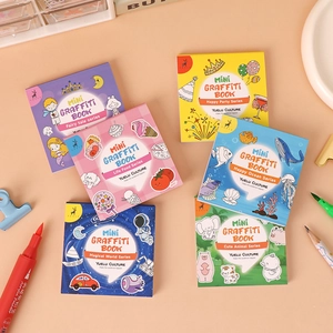 Mini coloring books for kids featuring fairy tale and animal themes on beige background
