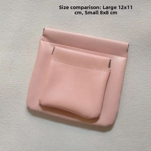 Top view of two pink faux leather squeeze pouches in large and small sizes with dimensions