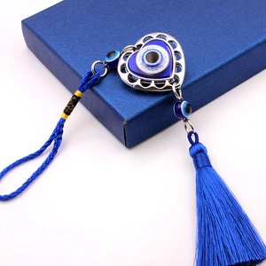Blue Turkish evil eye car hanging ornament with heart metal frame and tassels on gift box
