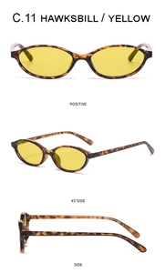 Three-angle view of vintage oval sunglasses in tortoiseshell frame with yellow lenses