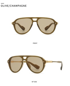 Detailed front and side views of olive green aviator sunglasses with champagne lenses