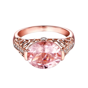 18K rose gold plated ring featuring a large oval pink morganite and pavé diamond accents