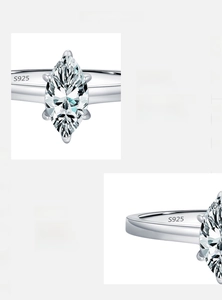 Macro view of marquise cut moissanite ring with S925 sterling silver hallmark detail