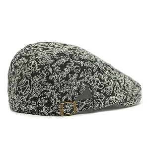 Retro black and white floral jacquard ivy cap with adjustable brass metal buckle