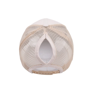 Detail of the mesh ponytail opening and adjustable snap closure on the baseball cap