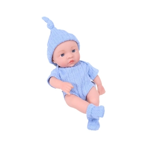 Realistic 20cm reborn baby doll wearing a light blue knit outfit on a white background