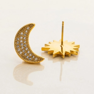 Asymmetric 18K gold plated celestial stud earrings with sparkling crescent and sun design