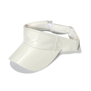 Detail of white PU leather sun visor with glossy mirror finish and velcro strap