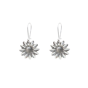 Detailed close-up of antique silver sunflower earrings with intricate petal texture