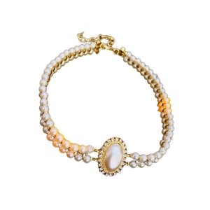 French style double-layer pearl necklace with oval diamond pendant and gold clasp