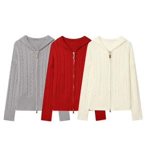 Cardigan À Capuche En Tricot Torsadé Pour Femmes Pull À Fermeture Éclair Manches Longues Couleur Unie Élégant