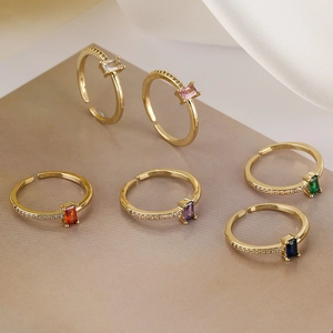 Elegant 18K gold-plated adjustable ring set with six colorful rectangular zircon stones