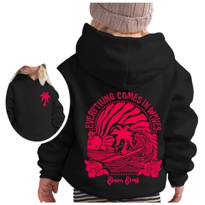 Kids black hoodie featuring a vibrant pink sunset surf print and palm tree back graphic