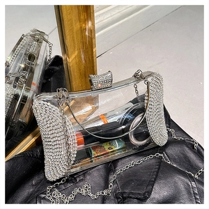 Macro view of clear acrylic evening bag showing internal storage for makeup and rhinestones