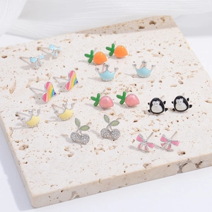 S925 Sterling Silver Cute Cherry Carrot Stud Earrings Fresh Enamel Bow Heart Crown Zirconia Earring For Women Jewelry