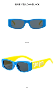 Detailed views of kids rectangular sunglasses with blue frames and yellow temples