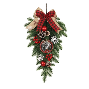 Guirlande de Noël en forme de goutte avec pommes de pin et nœuds rouges à carreaux