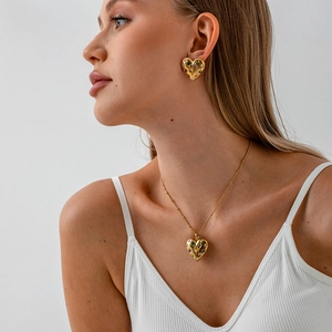 18K Gold Plated Stainless Steel Heart Pendant Necklace And Earrings Set With Colorful White Zirconia For Women Trendy Jewelry