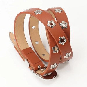Brown leather wrap bracelet with silver flower grommets and eyelet buckle for women