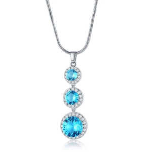 Silver snake chain necklace with three round blue zircon drops in tiered sizes