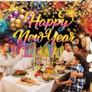 Detail of Happy New Year backdrop with fireworks and family dinner party scene