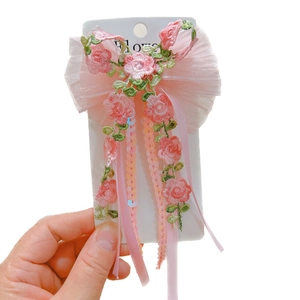 Pink floral embroidery hair clip with sequin tassels and long ribbons for girls