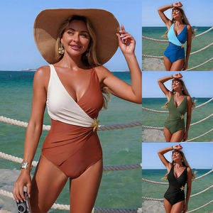 Women Swimsuit Starfish Decor V Neck Mesh Patchwork Quick Dry Beach Bathing Suit Backless Slim Fit