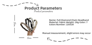 Detailed product dimensions and specifications for the pearl chain fabric headband