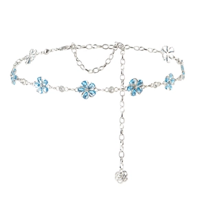 Silver metal waist chain featuring blue crystal flowers and a hollow rose pendant