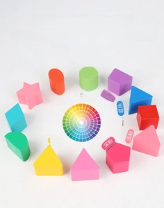 Top view of 12 colorful geometric wooden blocks arranged in a circle for shape sorting