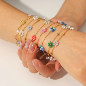 Handmade colorful beaded flower necklaces and bracelets set with gold chains