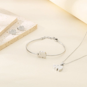 Three-piece silver stainless steel jewelry set featuring crystal-studded elephant designs