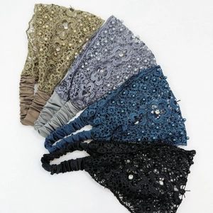 Lace headbands set with pearls and rhinestones in olive, silver, navy, and black