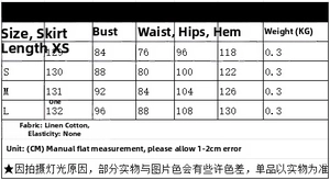 Guide des tailles pour robe midi en lin incluant buste, taille et hanches en cm