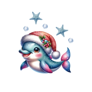 Sticker mural dauphin de Noël avec bonnet festif et design dégradé bleu scintillant