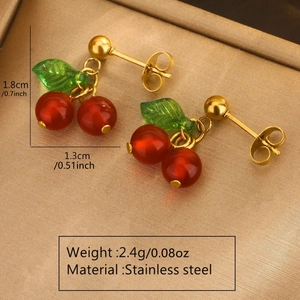 Detail shot of cherry stud earrings in stainless steel with size and weight info