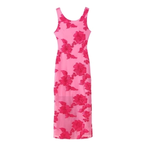 Pink sheer mesh sleeveless maxi dress with red floral embroidery on a white background