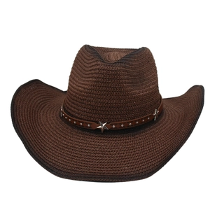 Dark brown straw cowboy hat with gradient texture and silver star rivets on leather band