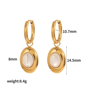 Detailed view of teardrop catseye earrings with 18k gold plating and specific dimensions