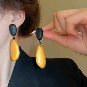 Color Block Oval Teardrop Dangle Earrings With 925 Sterling Silver Earring Post Alloy And Artificial Wood Beads Vintage